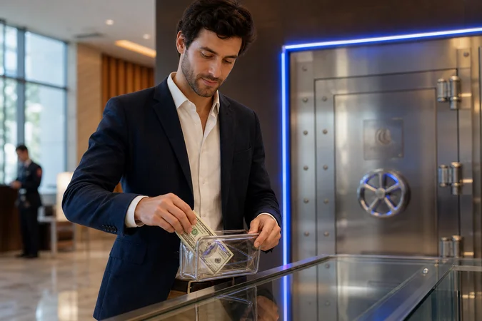 Ejecutivo en banca moderna colocando billetes USD en billetera transparente