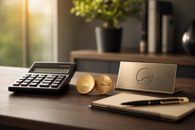 Mesa con calculadora cuaderno bolígrafo dos monedas y placa logo