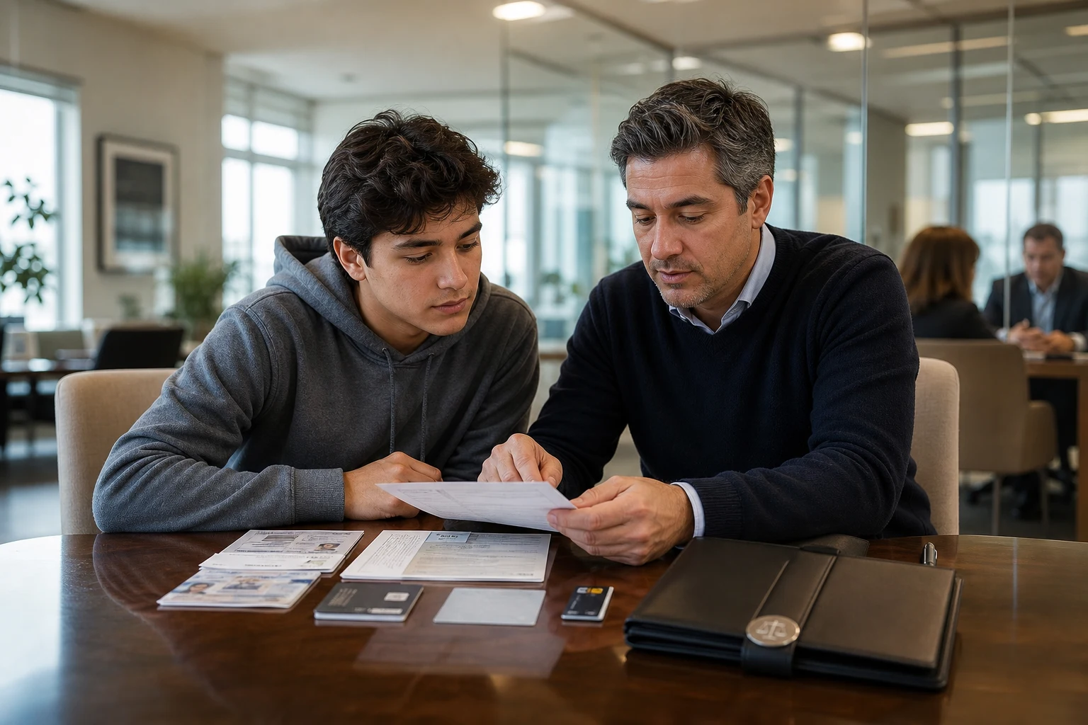 Adolescente y adulto revisando documentos tarjeta bancaria y carpeta con símbolo CNV argentino