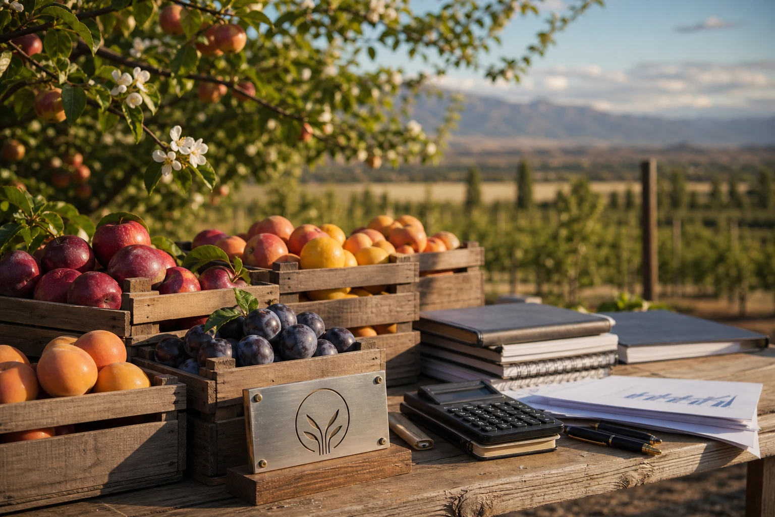 Árboles frutales maduros con cosecha y logo de empresa financiera argentina