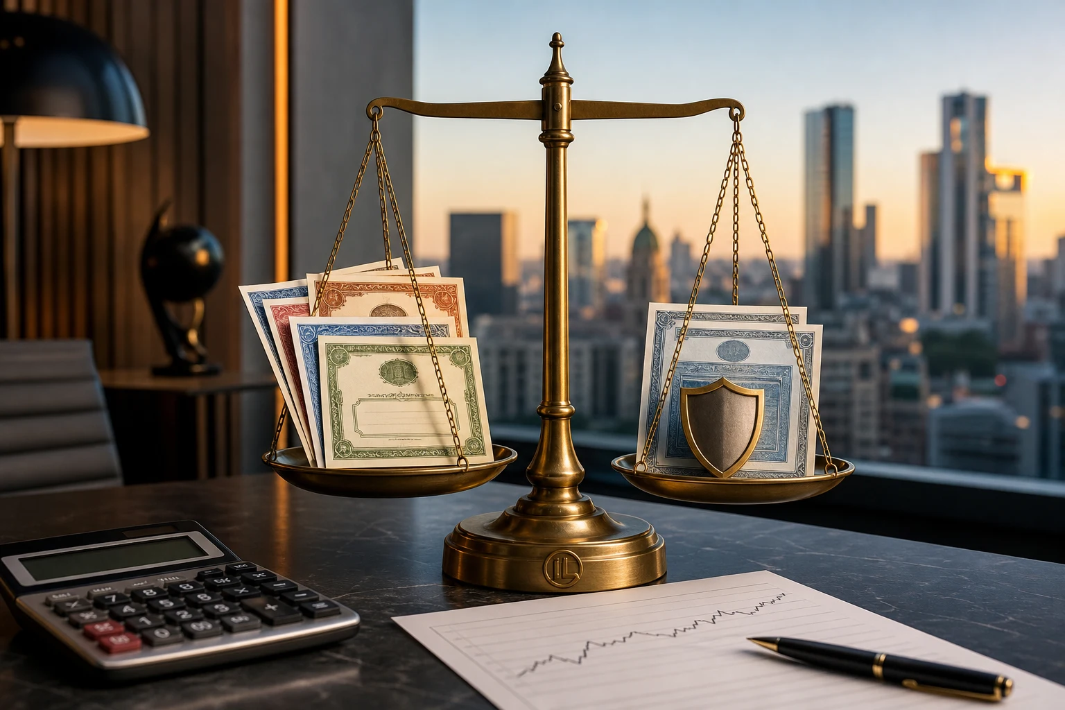 Balanza financiera con acciones bonos y escudo protector en oficina argentina
