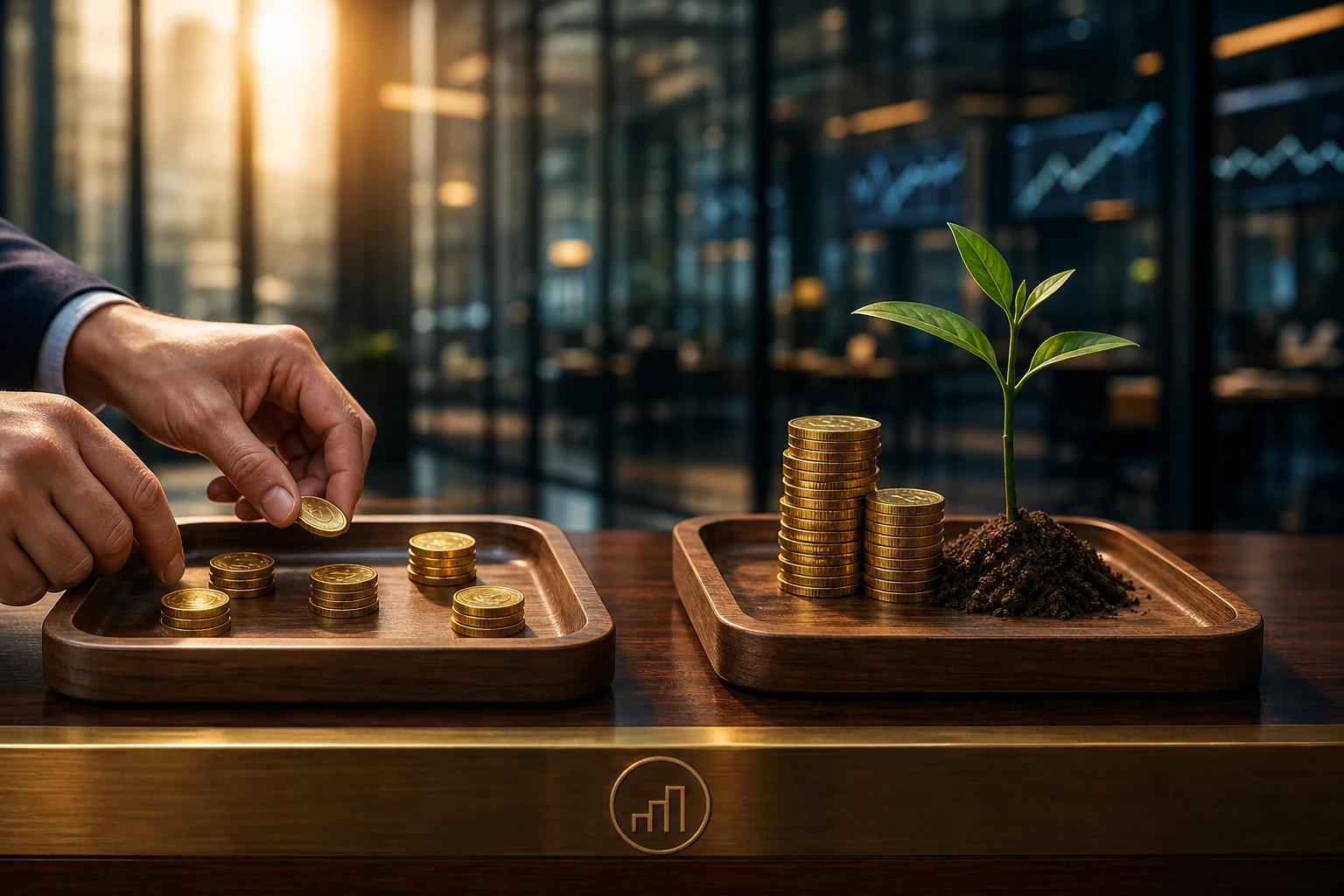 Bandejas con monedas repartidas y ahorradas junto a planta verde oficina financiera