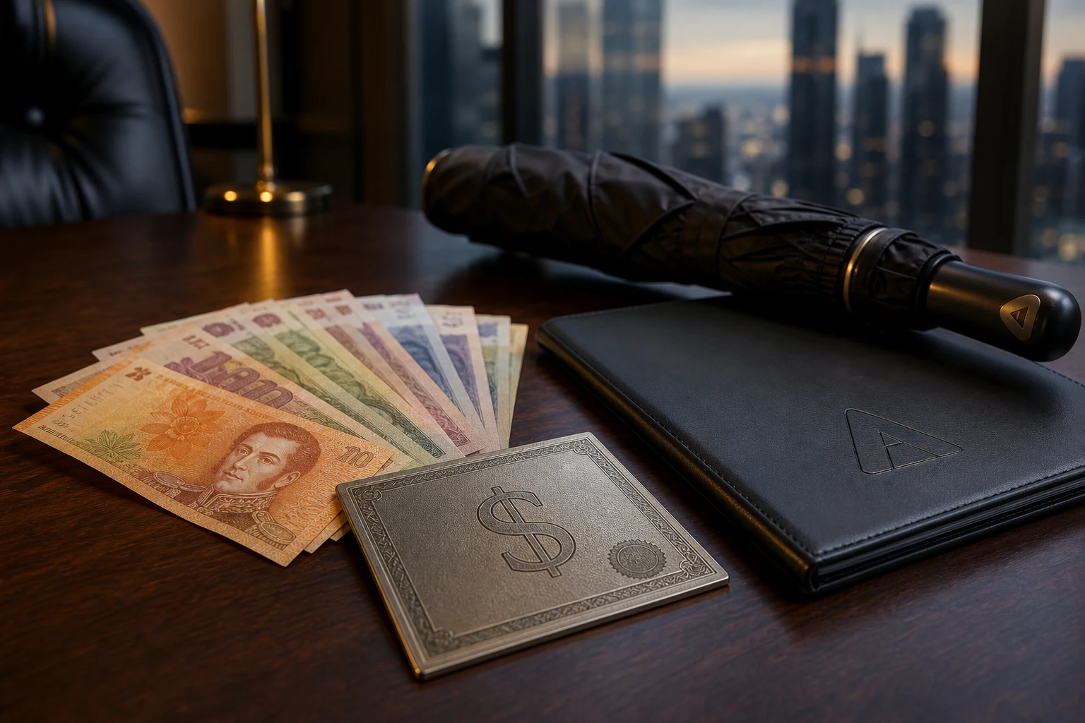 Billetes argentinos junto a bono financiero paraguas y portafolio con logo financiero