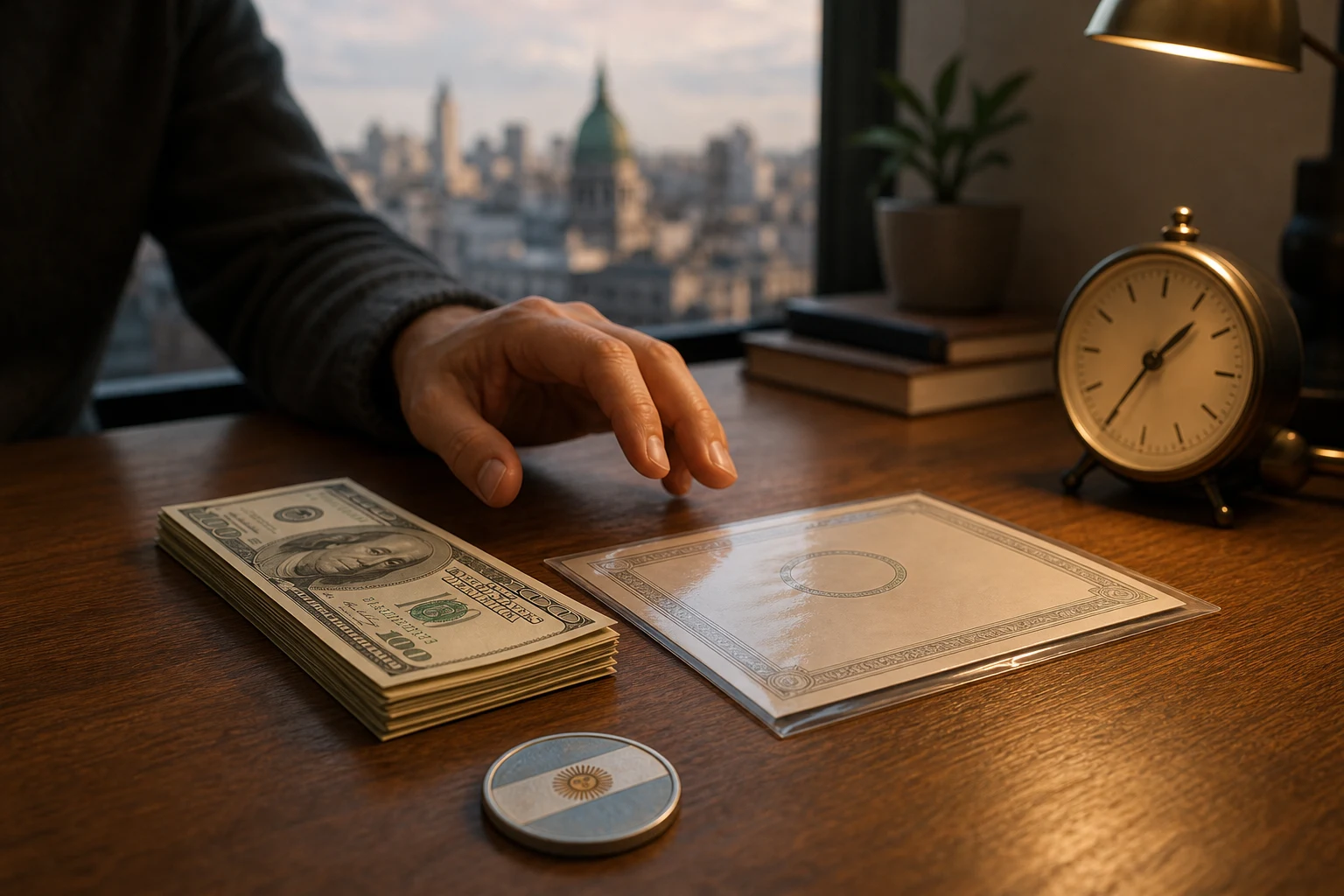 Billetes estadounidenses certificado bancario reloj mano y moneda argentina sobre escritorio