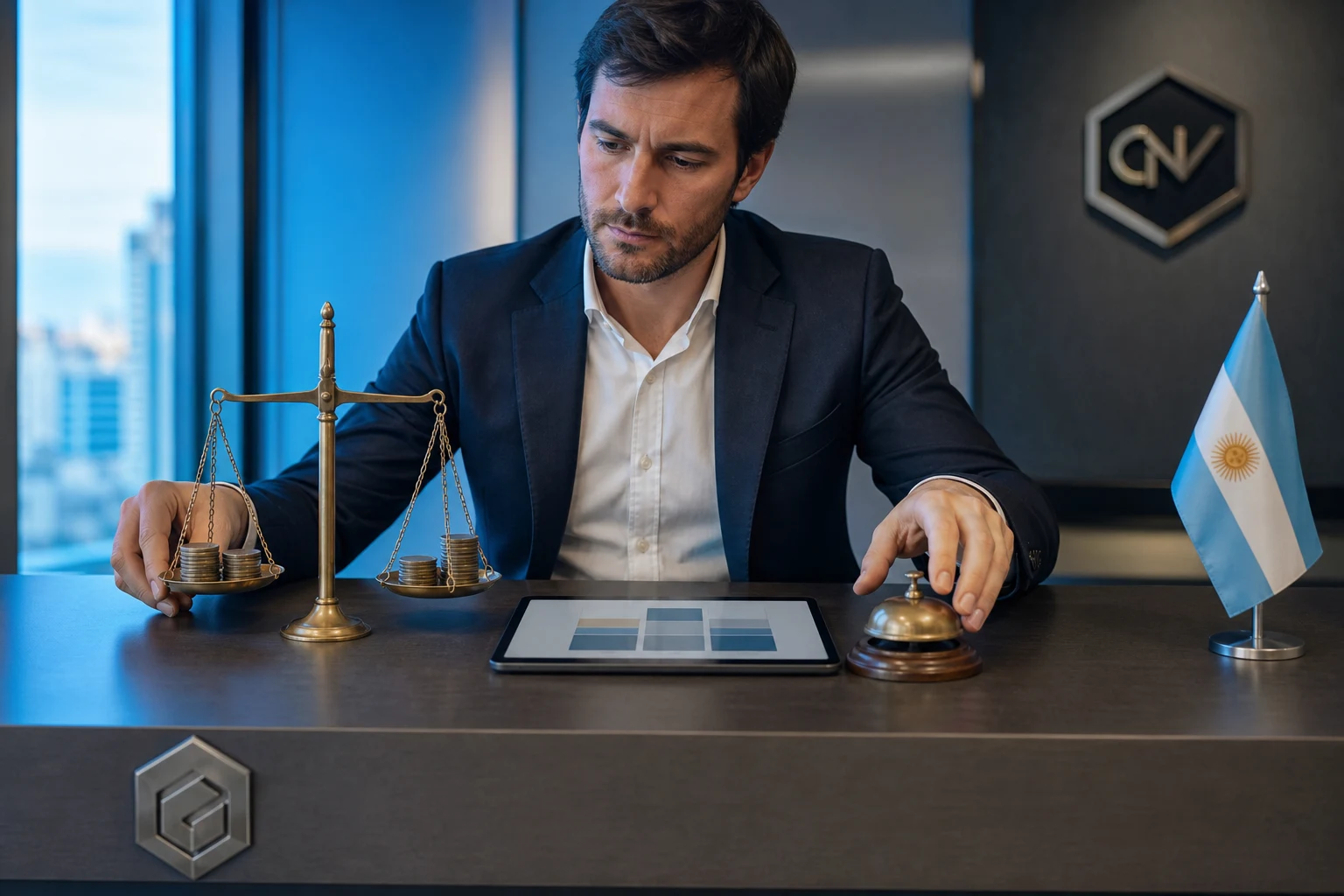 Broker argentino en ALyC CNV escritorio balanza monedas tablet campana