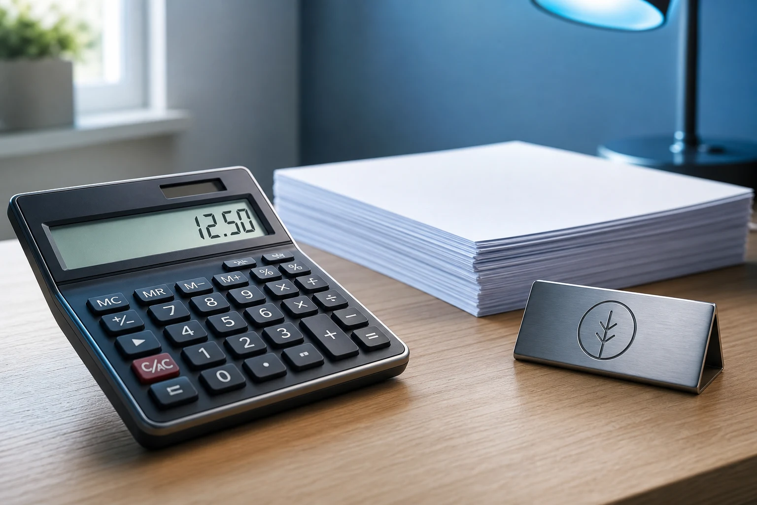 Calculadora con dígitos visibles insignia de empresa sobre papeles apilados