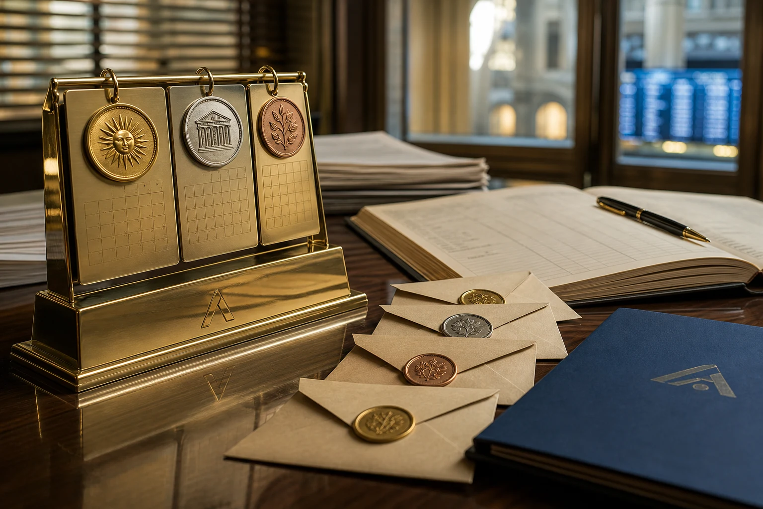 Calendario de latón junto a libro contable sobres dividendos y carpeta bancaria