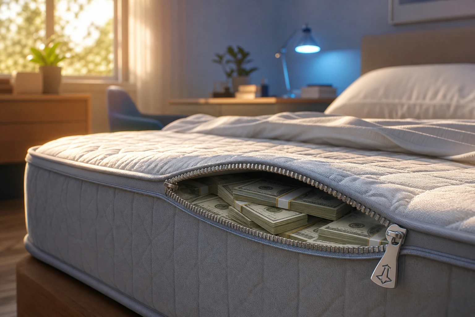 Cama con billetes US dólares sobre colchón y logotipo cremallera