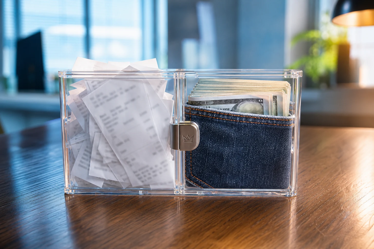 Cartera acrílica de dos compartimentos con recibos y dinero visibles