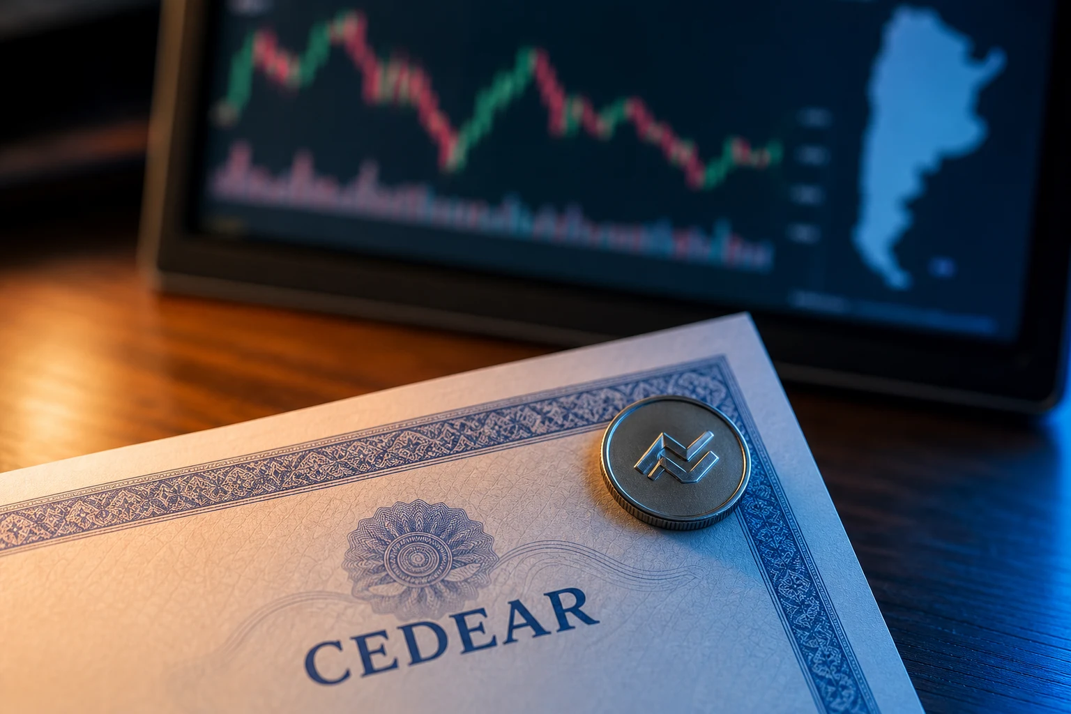 Certificado CEDEAR de inversion sobre escritorio de madera con logotipo