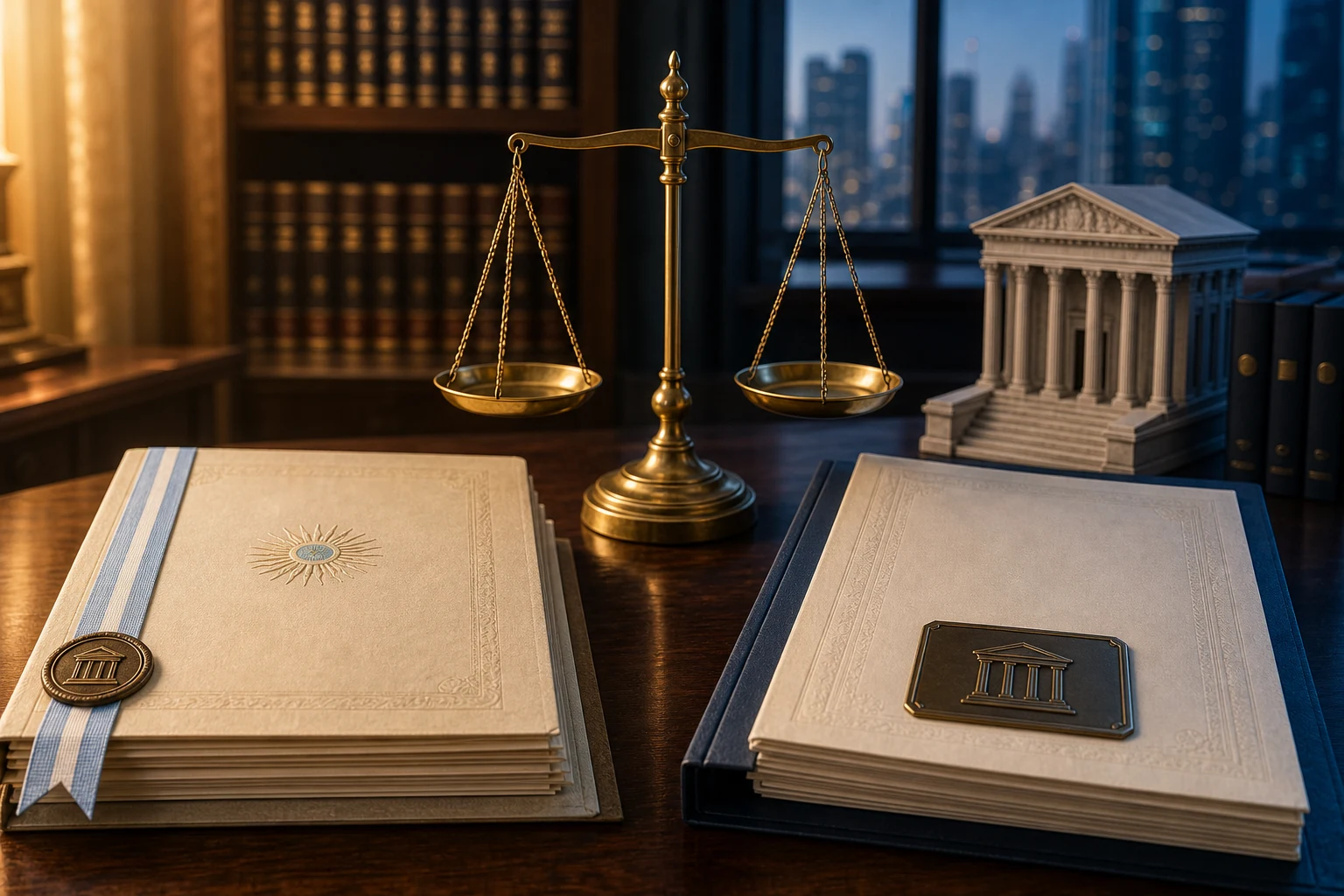 Certificados de bonos argentinos y tribunal de Nueva York junto a balanza judicial