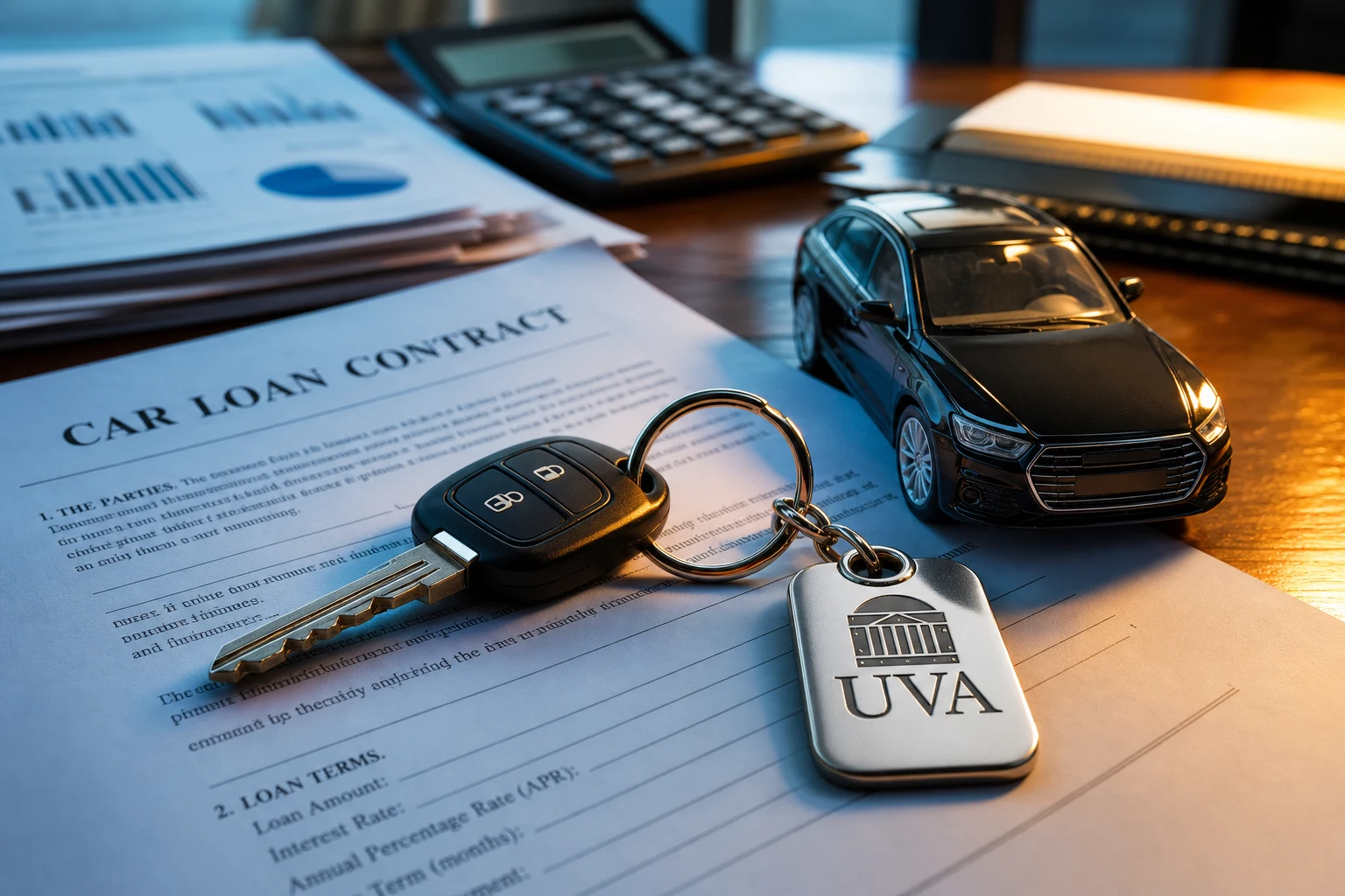 Contrato de coche UVA con llavero y coche en miniatura