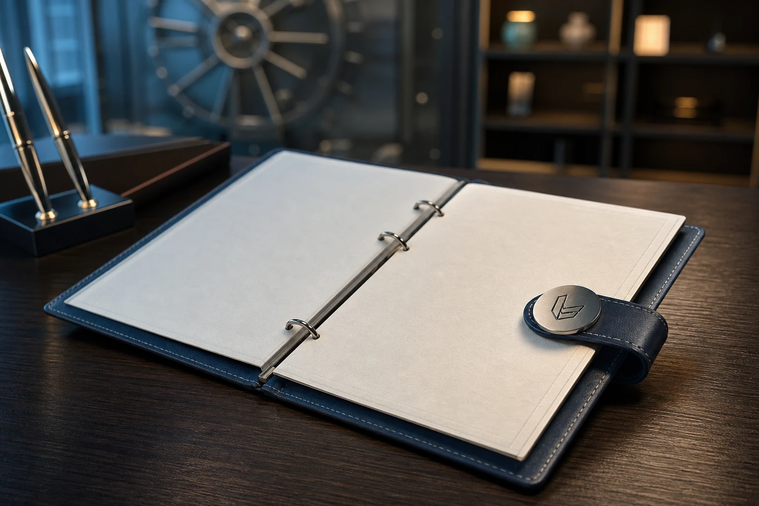 Contrato de depósito en escritorio de banco con insignia grabada