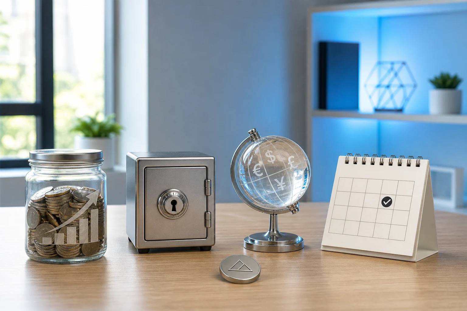 Cuatro elementos inversion escritorio claro monedas caja fuerte globo calendario