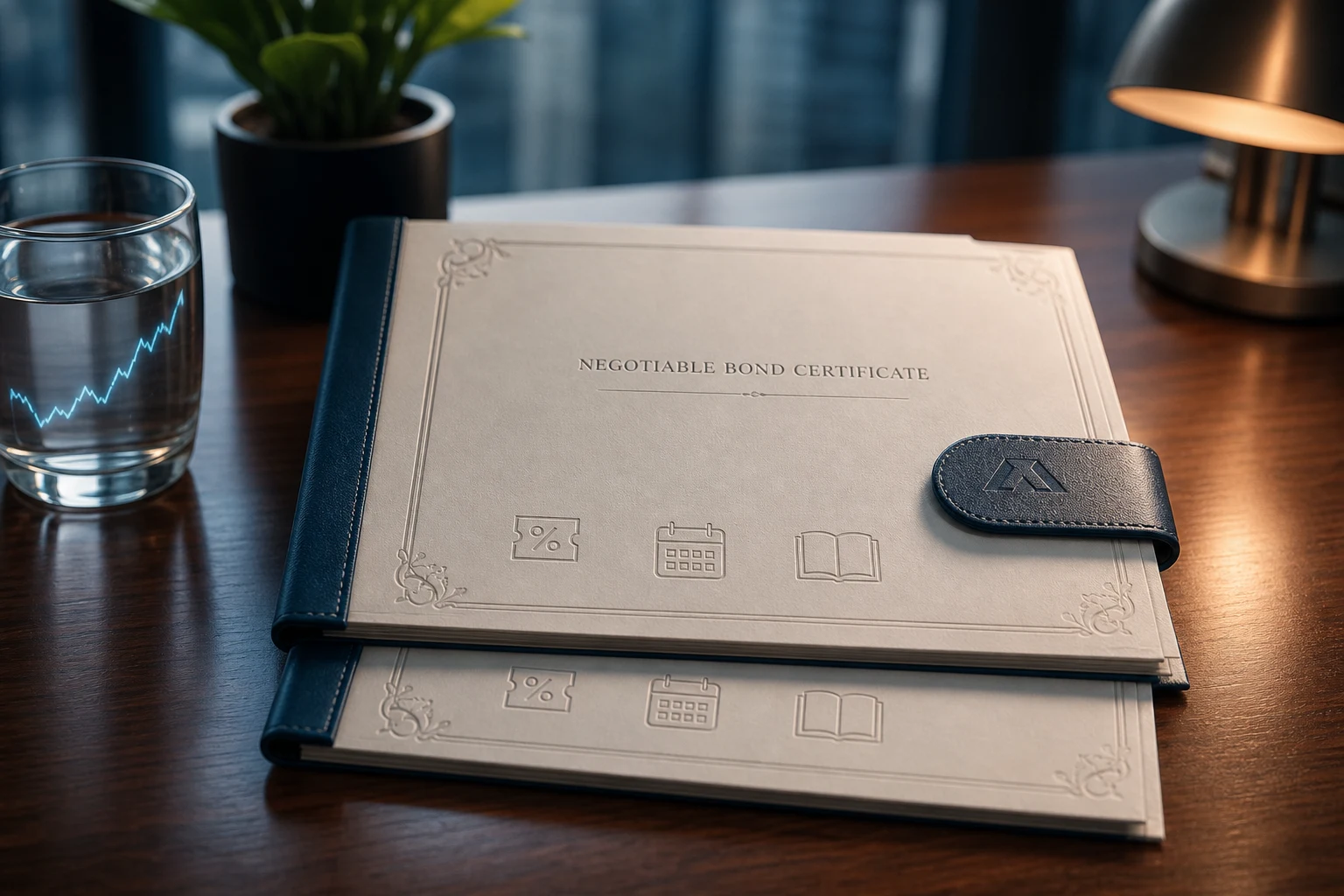 Dos certificados de bonos sobre mesa de nogal logotipo grabado