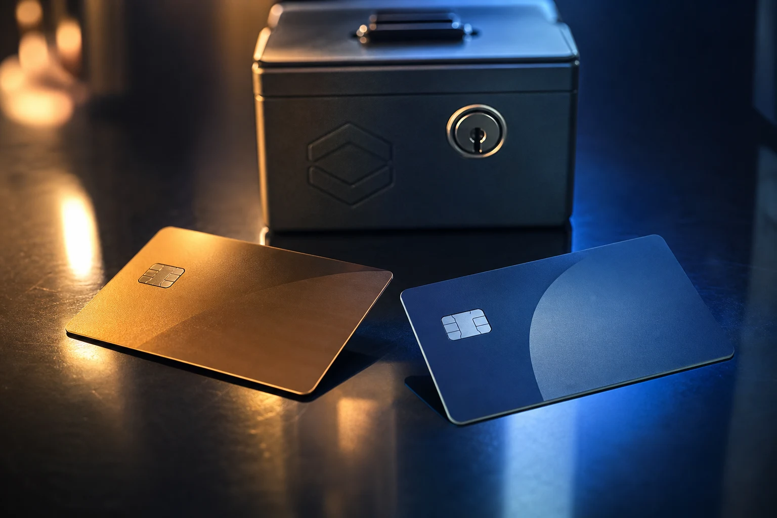 Dos tarjetas de crédito y débito sobre escritorio de vidrio