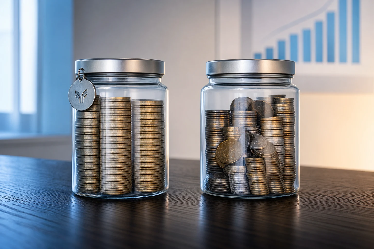 Dos tarros de monedas lado a lado simbolizan fijas e inflación