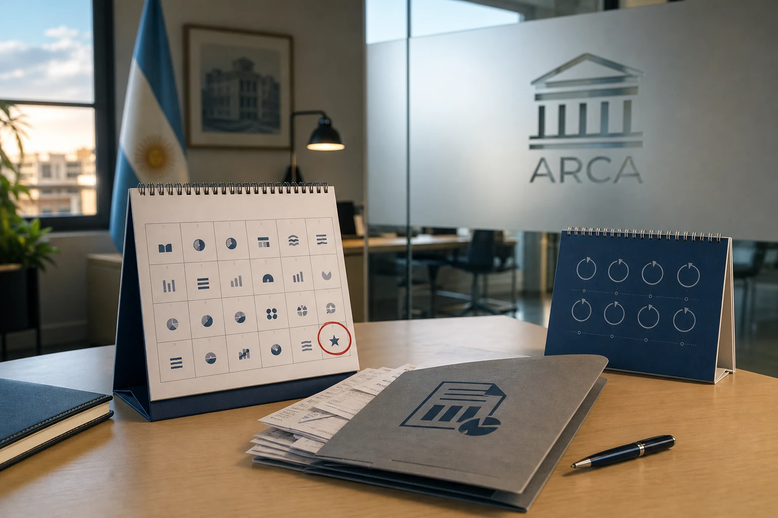 Escritorio argentino organizado para planificación fiscal con calendario y logo ARCA grabado