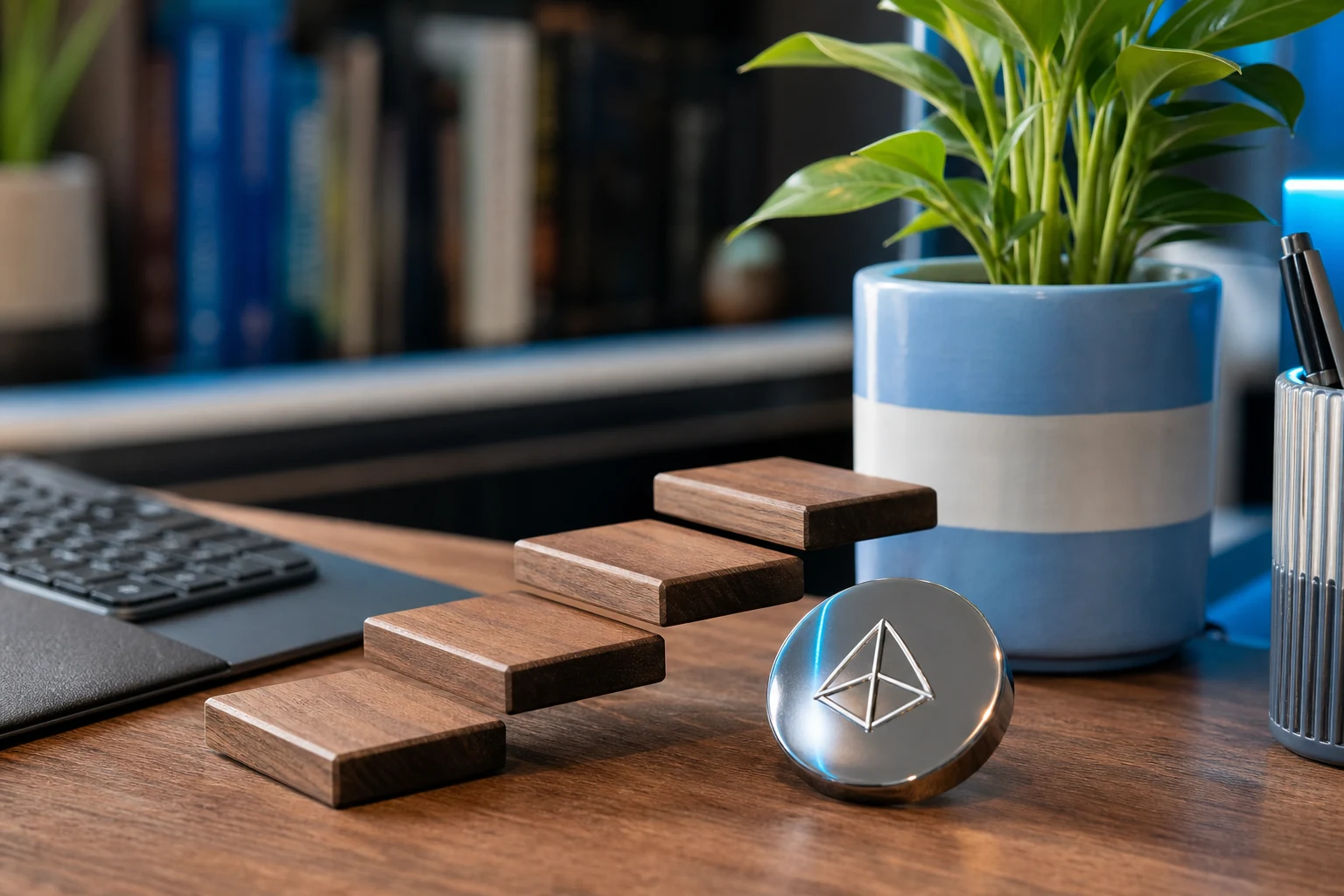 Escritorio casero con escalones de madera y planta verde CEDEARs