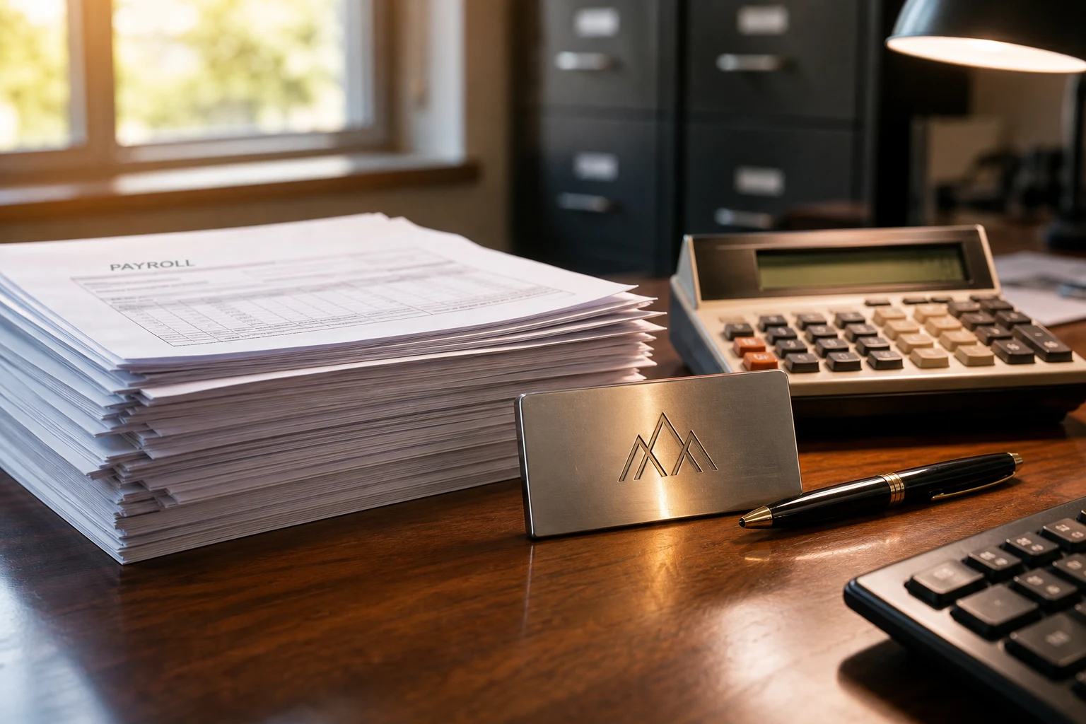 Escritorio corporativo iluminado con documentos de nómina placa logo minimalista