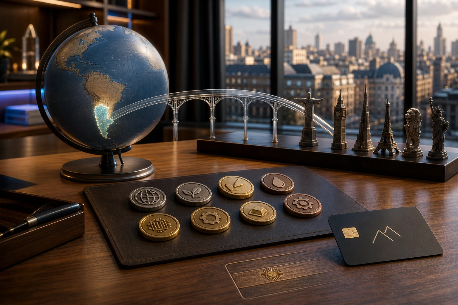 Escritorio de inversión argentino con globo puente y tokens financieros globales