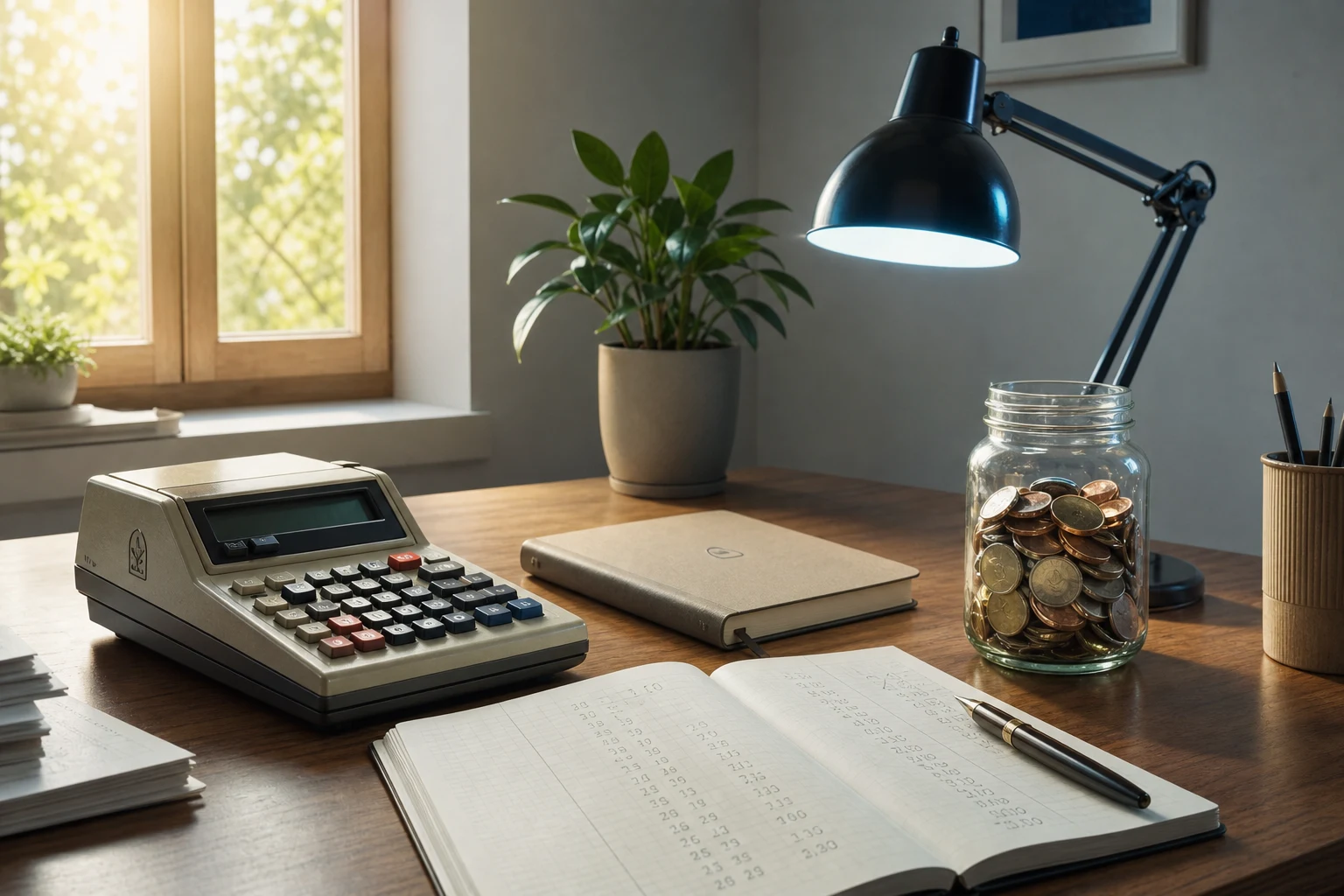 Escritorio de oficina con calculadora vintage y frasco de monedas