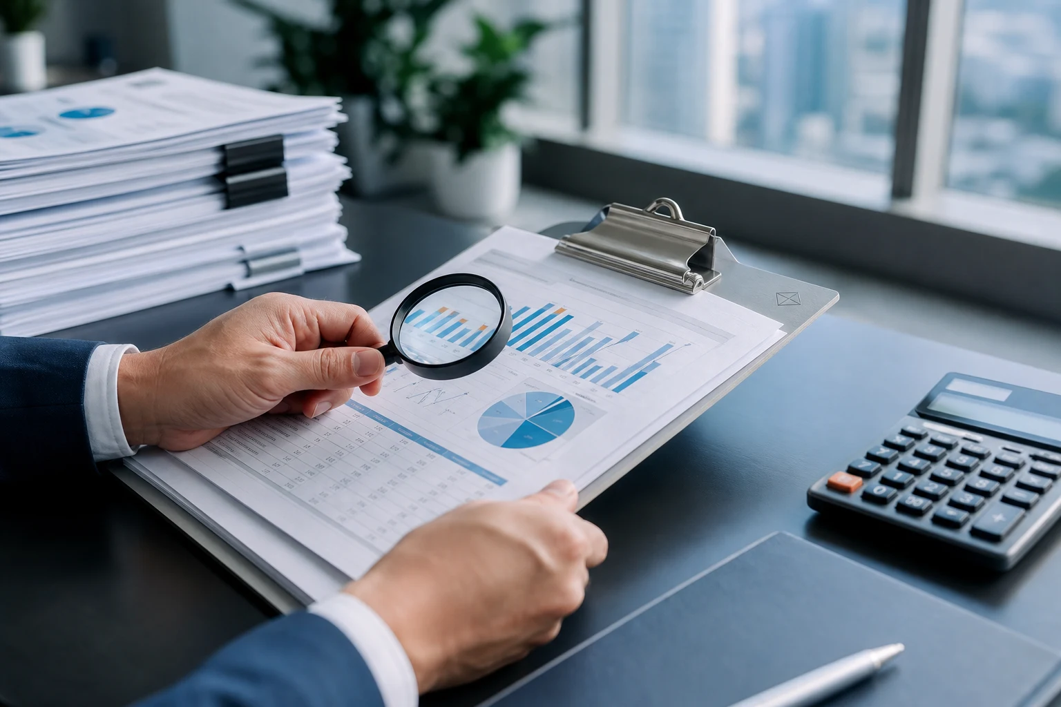 Escritorio moderno con documentos financieros calculadora manos sosteniendo lupa logo