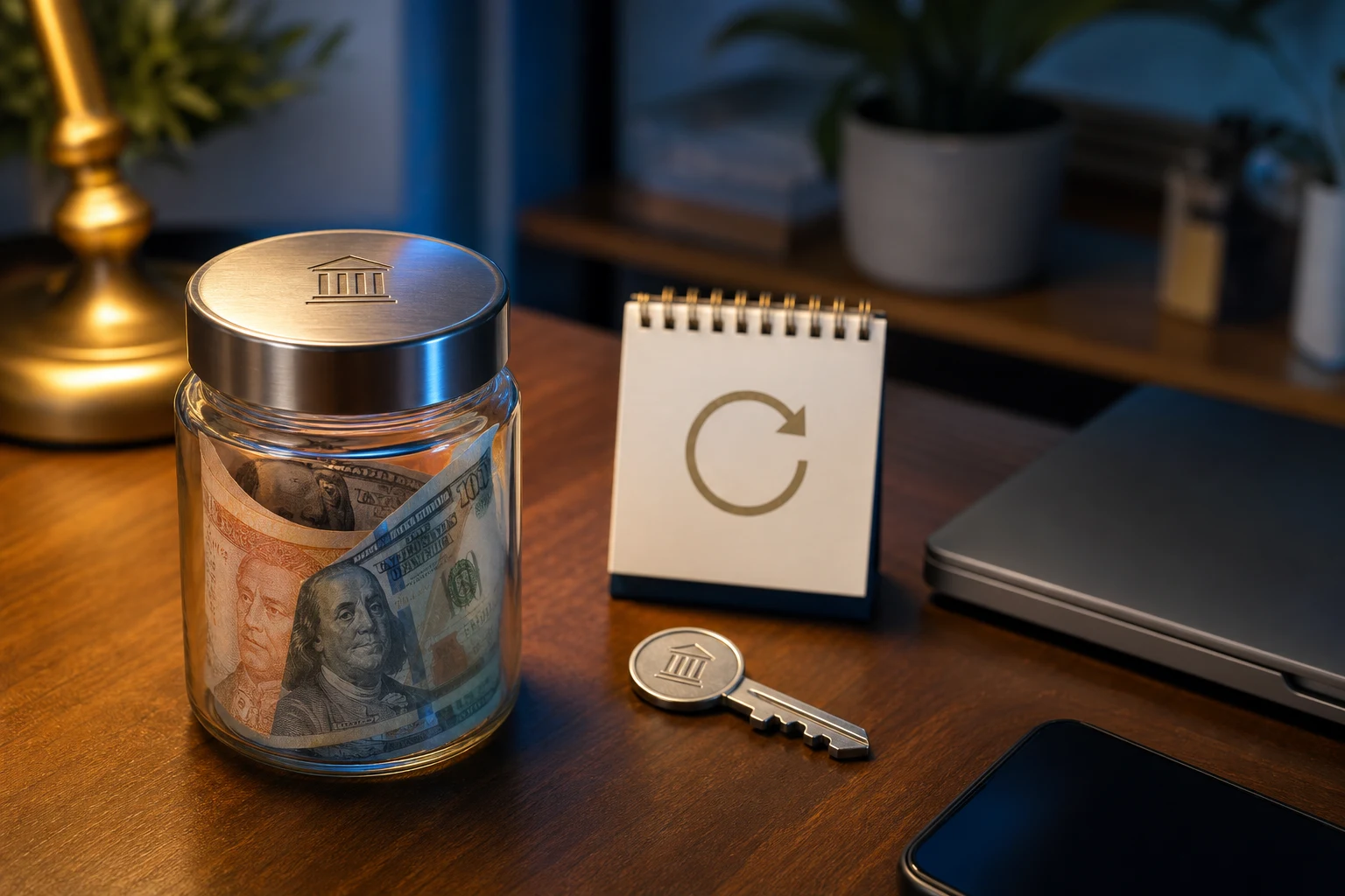 Frasco de ahorro Banco Nación con pesos dólares calendario y llave segura