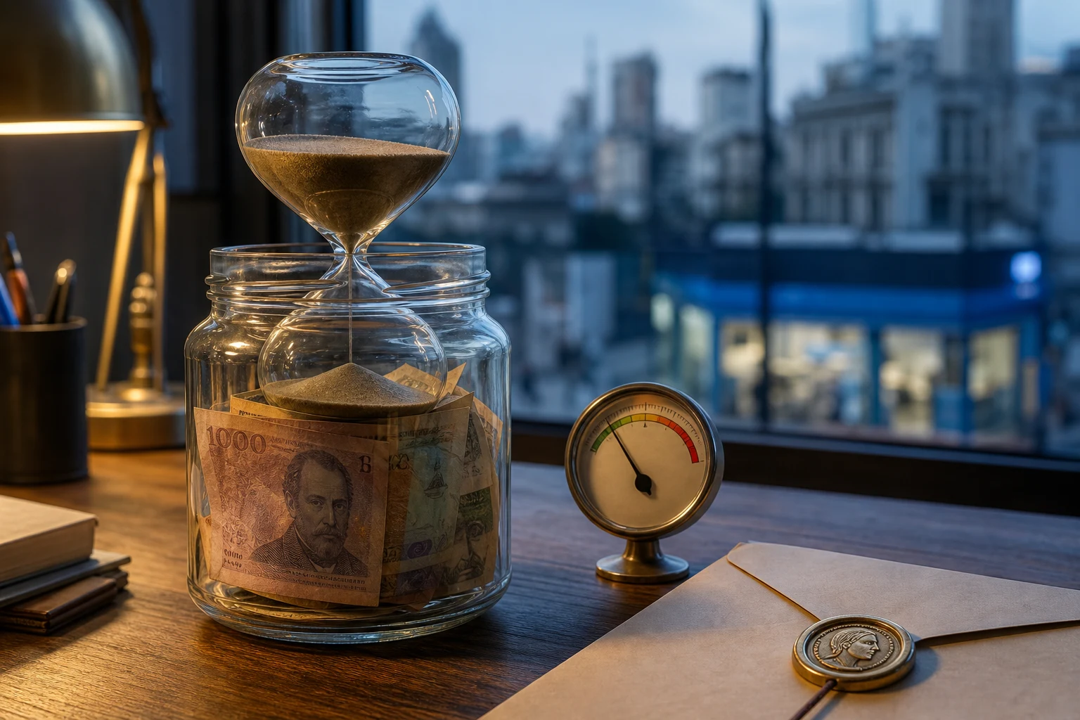 Frasco de ahorro con pesos argentinos junto a reloj de arena y emblema BCRA