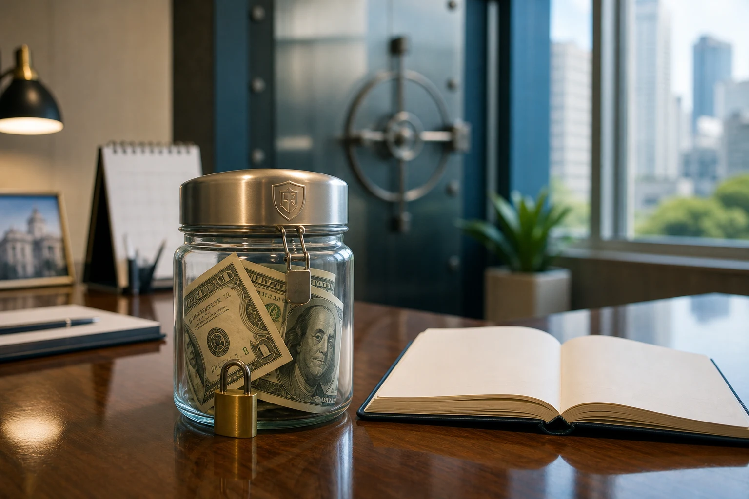 Frasco de ahorro sellado con dólares candado y cuaderno financiero en banco moderno