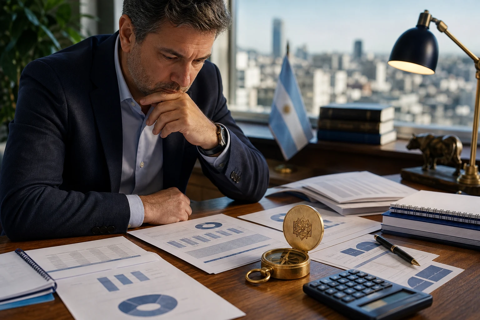 Inversor analizando documentos financieros argentinos junto a brújula con icono BYMA grabado