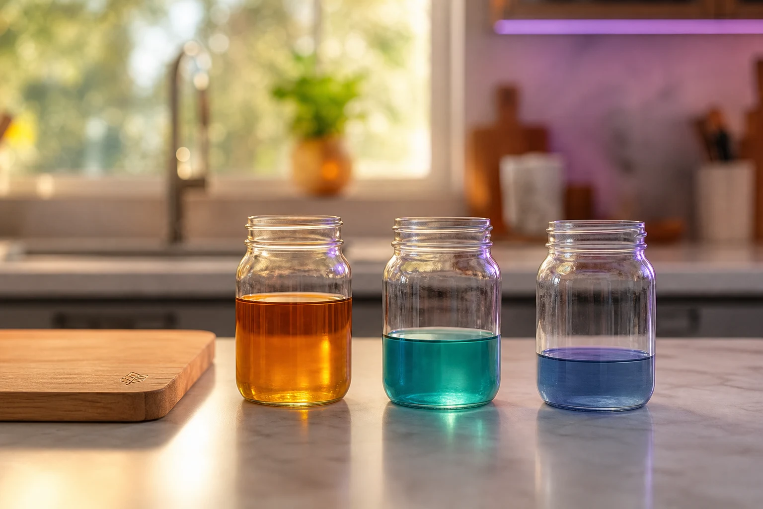 Isla de cocina con tres frascos vidrio líquidos ámbar azul