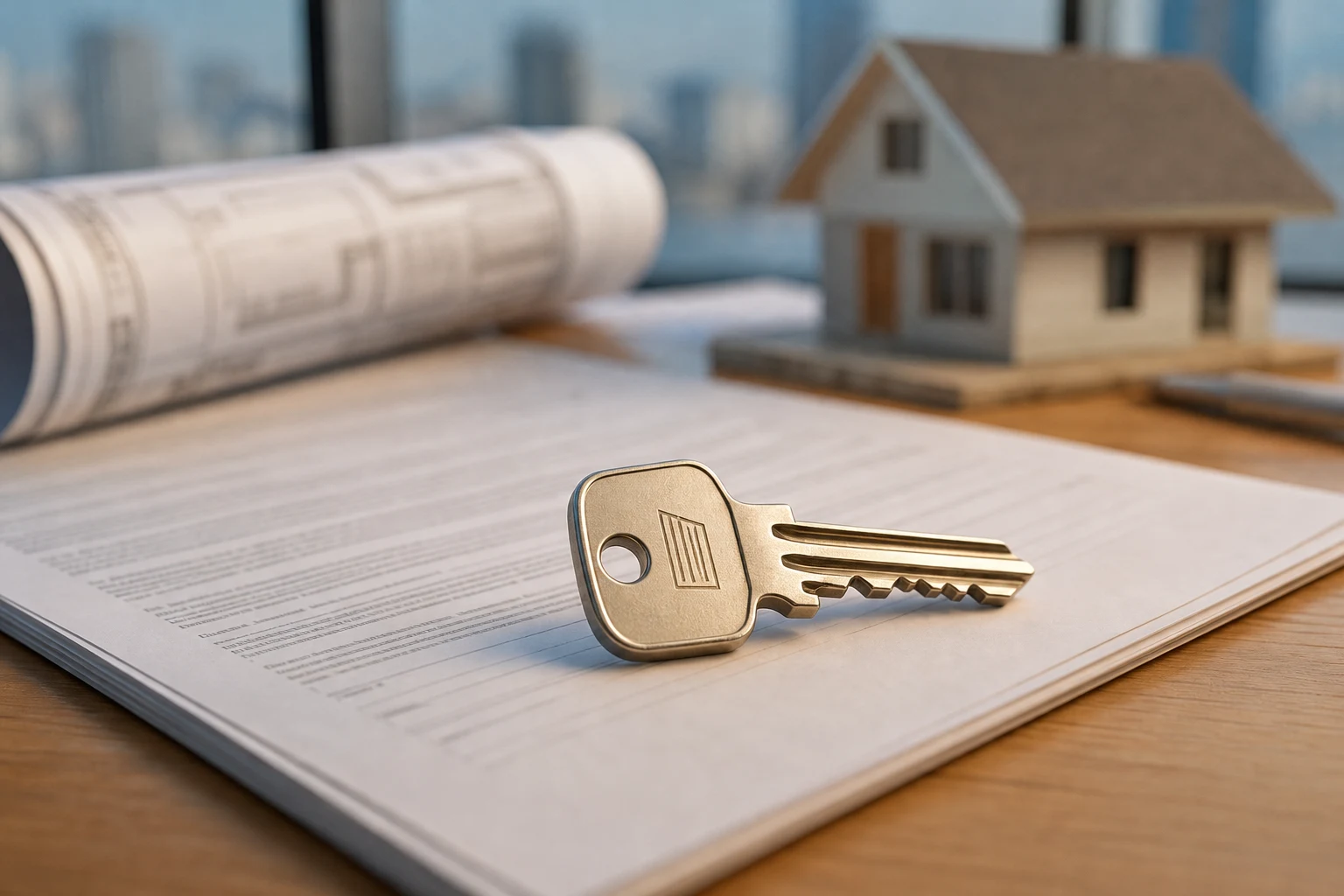 Llavero de casa con logo minimalista sobre contrato inmobiliario argentino