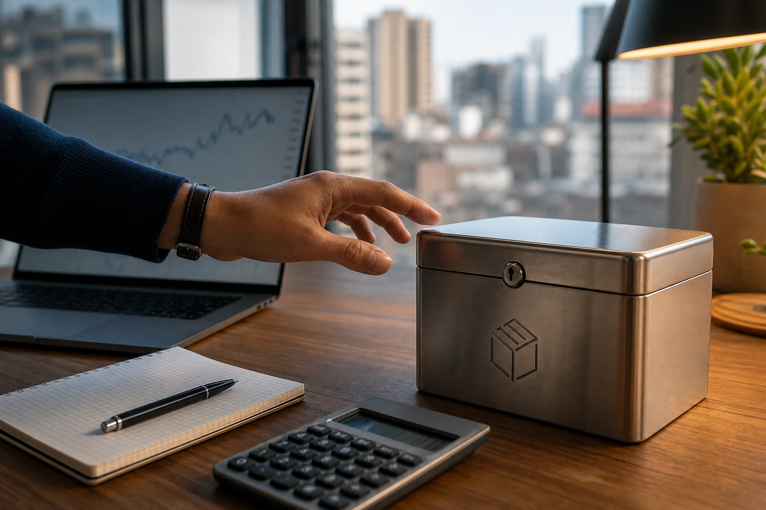 Mano acercándose a caja de acero con logo grabado lateral