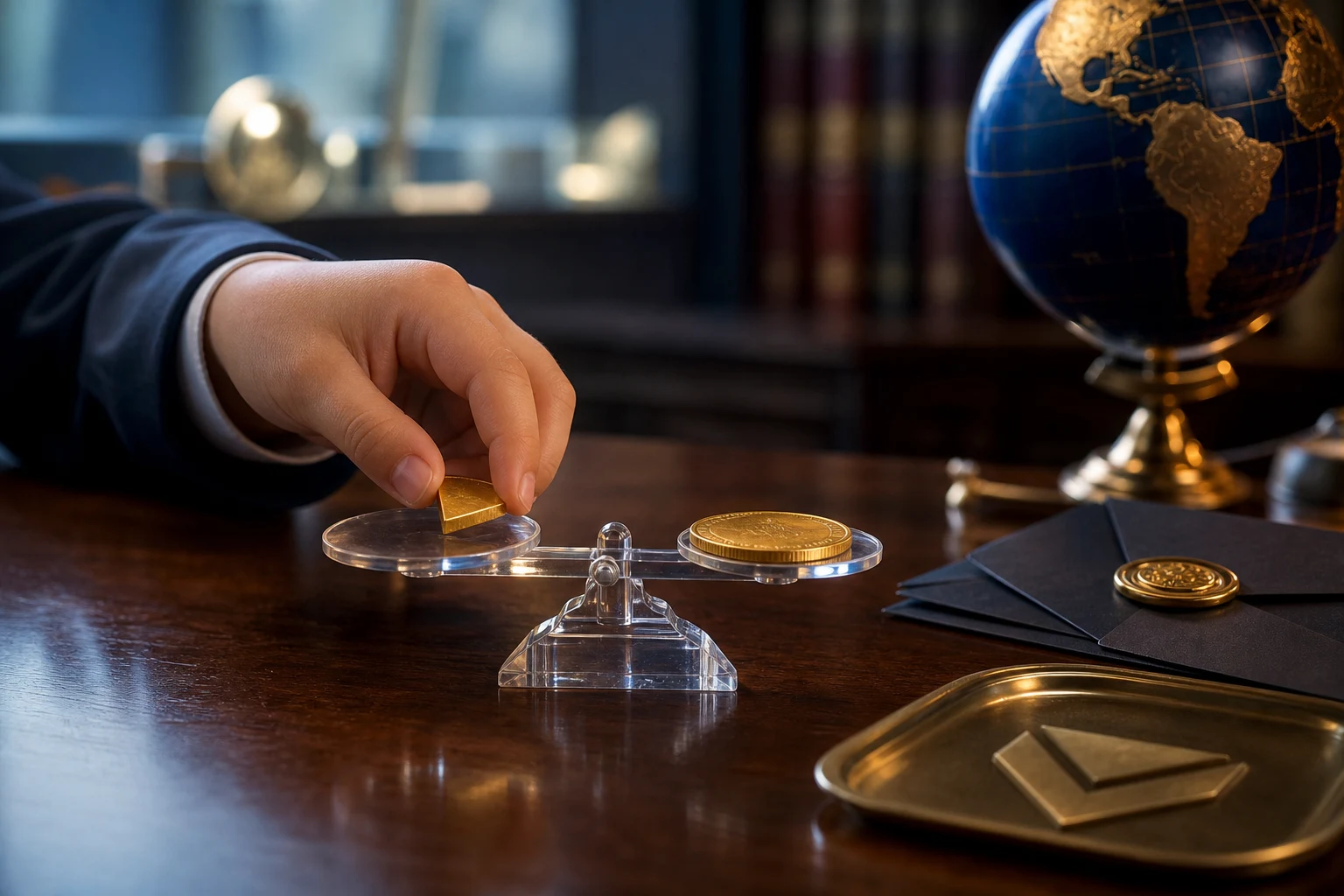Mano colocando fracción de moneda dorada en balanza de inversión transparente