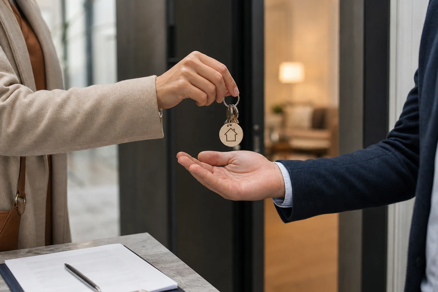 Mano de inquilino entrega llaves al casero puerta logo casa