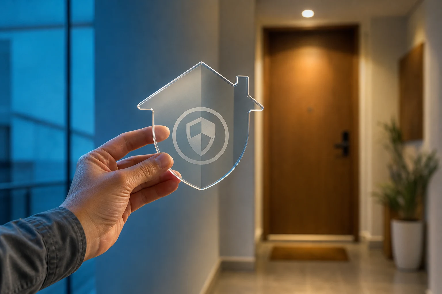 Mano presenta escudo vidrio con forma casa y logo grabado