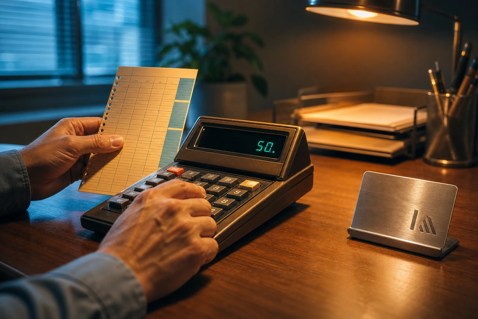 Manos con calculadora vintage y tarjeta de horas junto logo