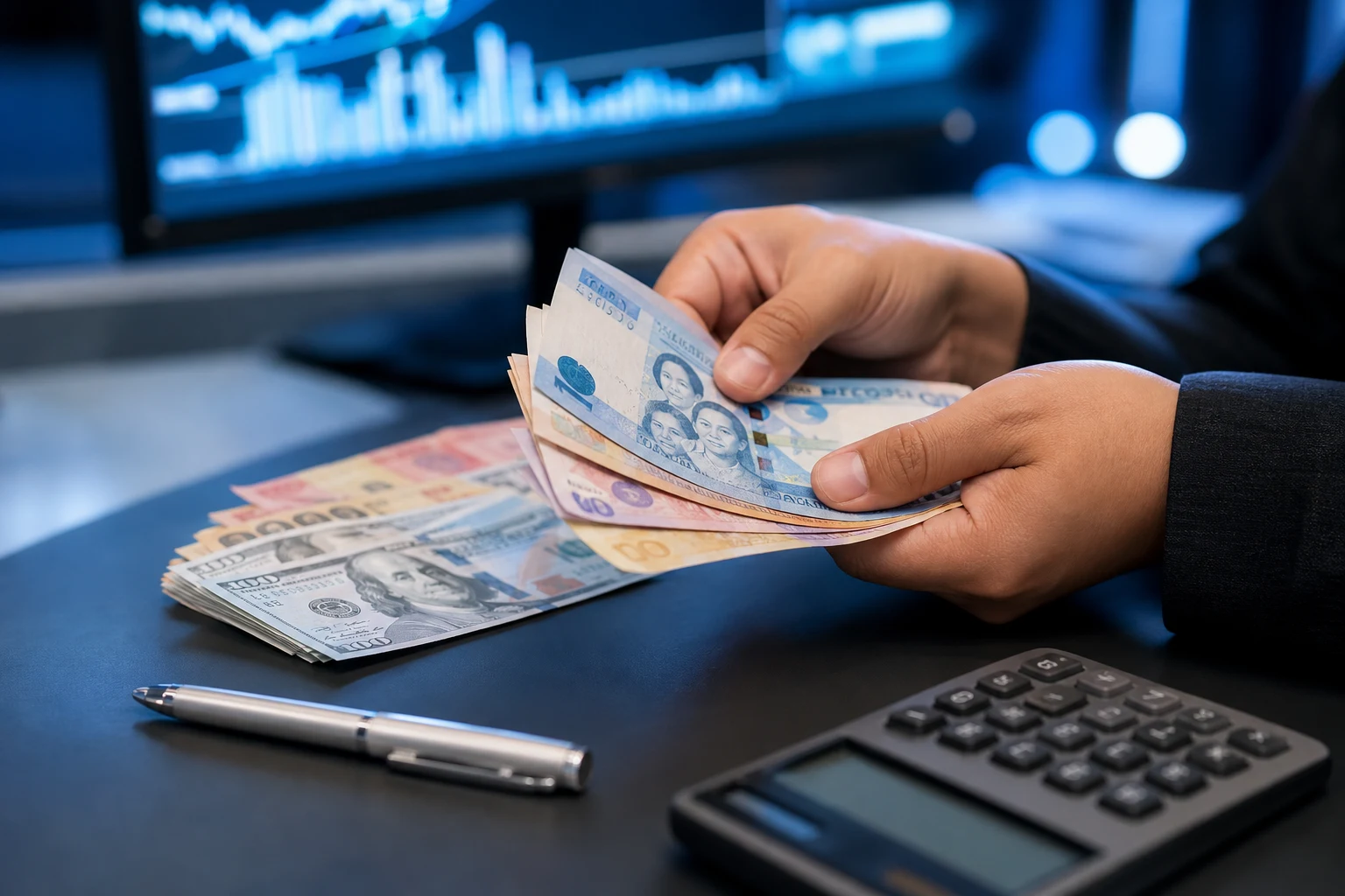 Manos contando billetes de peso y dólares con logo minimalista