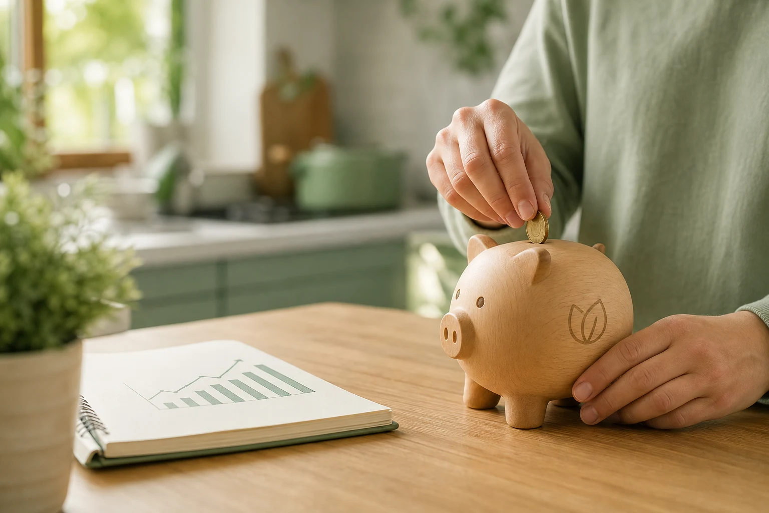 Manos depositando una moneda en hucha de madera con logo