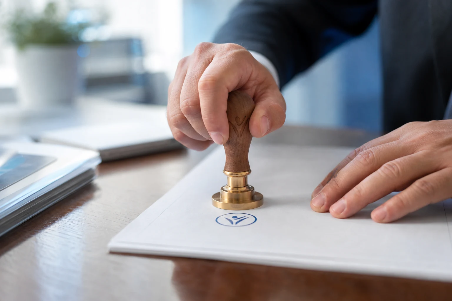 Manos estampando documento oficial con logotipo minimalista en escritorio pulido