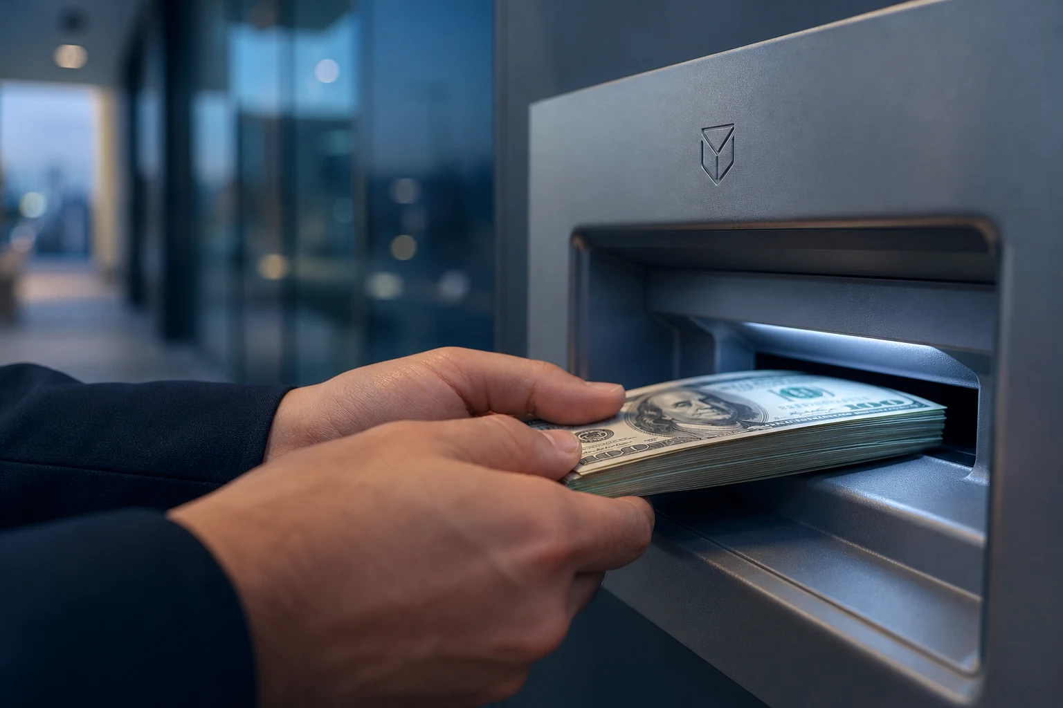 Manos insertando billetes en cajero ATM moderno con logo grabado
