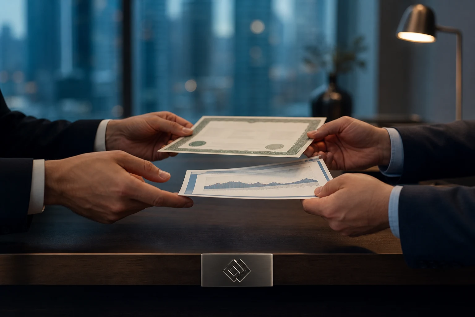 Manos intercambian certificado de acciones y tasación ante escritorio oscuro