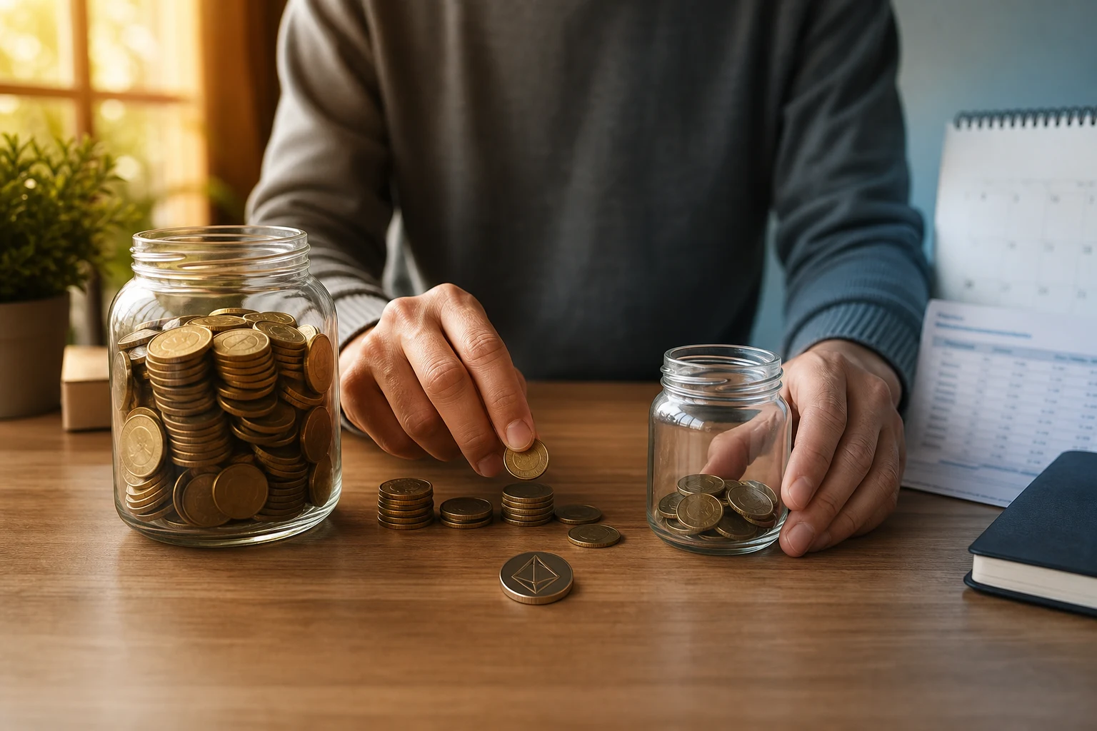 Manos organizando monedas entre dos frascos de vidrio sobre escritorio