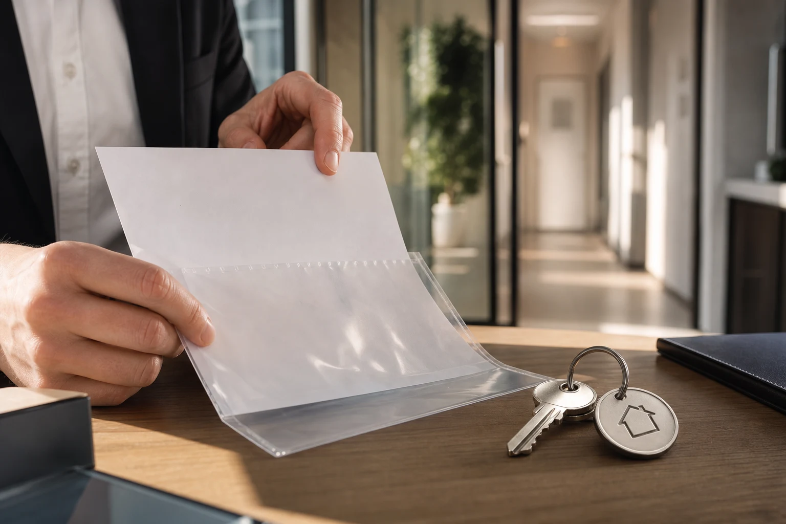 Mesa de escritorio con documento en funda y llavero casa