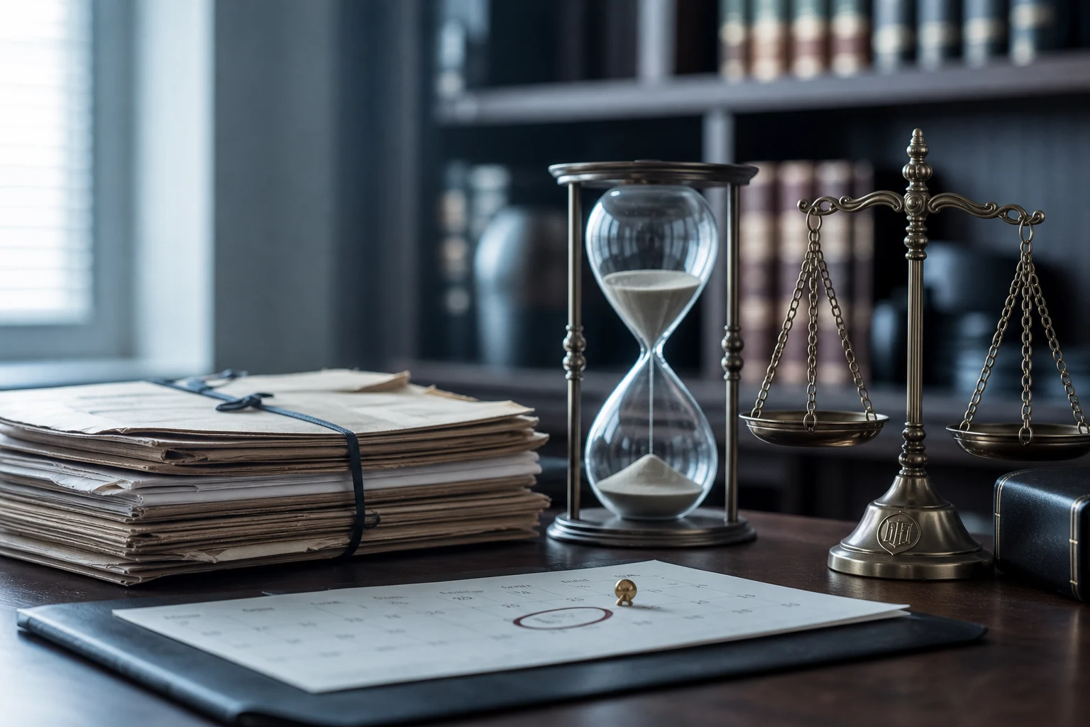 Mesa legal con documentos antiguos reloj de arena balanza logo