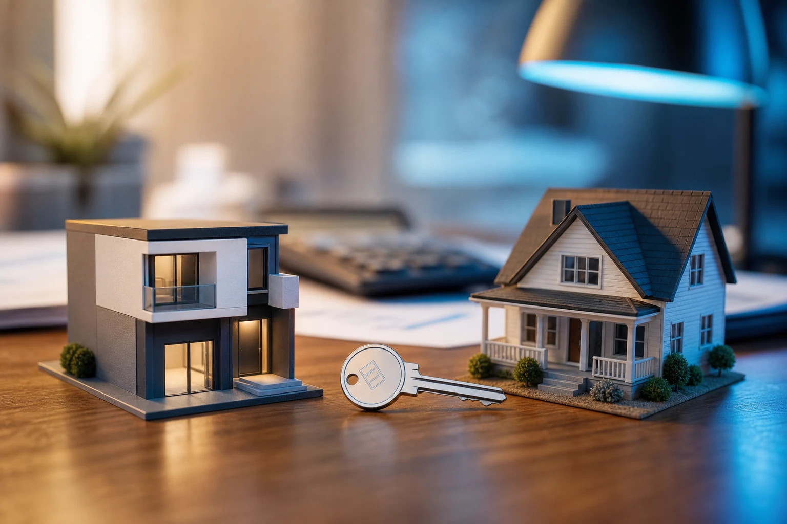 Miniaturas de casas UVA y tradicional con llave en mesa