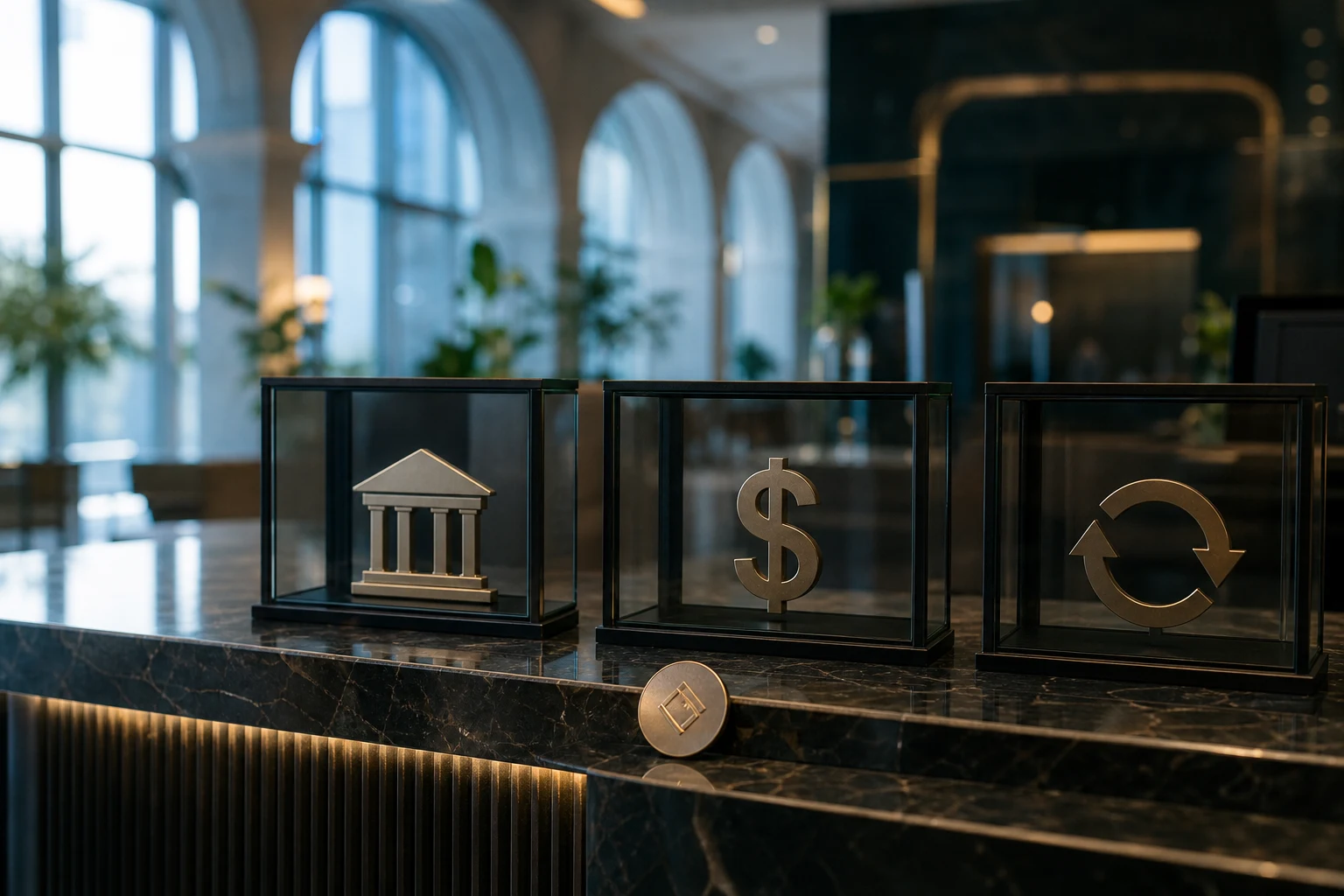 Mostrador de banco negro de mármol con iconos y token