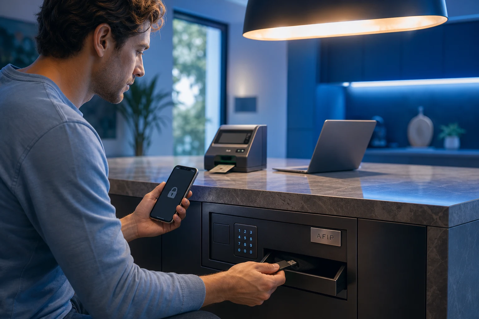 Persona en cocina junto a caja fuerte AFIP teclado iluminado