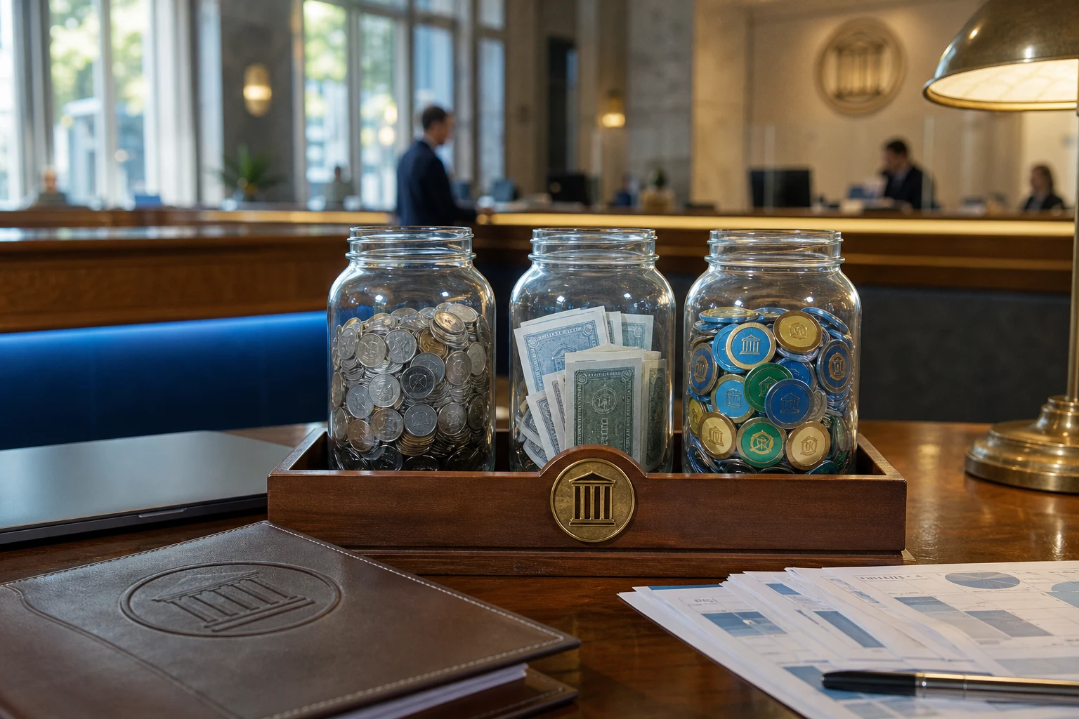 Portafolio de inversión con frascos de monedas bonos acciones y emblema Banco Nación